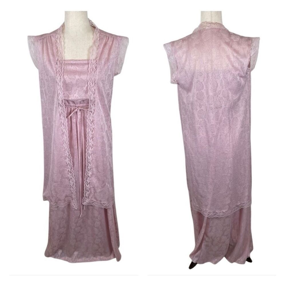 Vintage 2 piece rose print lace knit maxi dress womens *6 pink SoftGirl Coquette